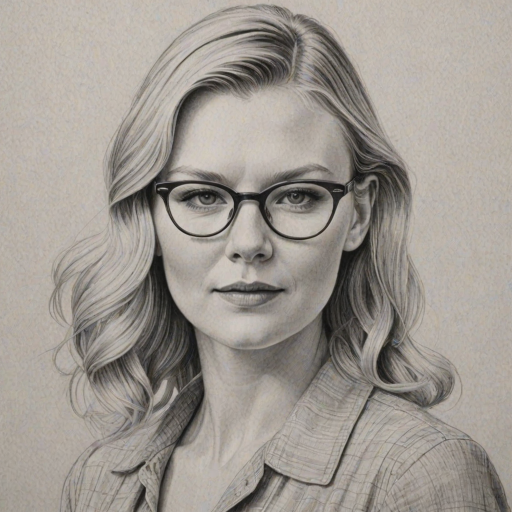 Delightful Kirsten Dunst, pencil sketch, portrait of Magnificent woman 1944s in glasses, hair style beatnik, outline, clear lines, fine lines, 8k