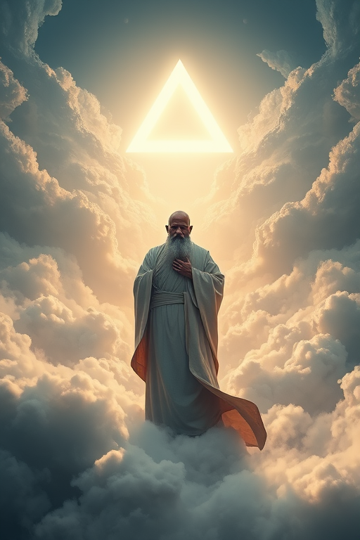 Create an image of a wise figure in flowing robes standing amidst swirling clouds, illuminated by a triangular light source, using a Canon EOS R5 with a 24-70mm f/2.8 lens at f/4.0, ISO 100, 1/200s, shot in a low-angle view to enhance grandeur and detail.