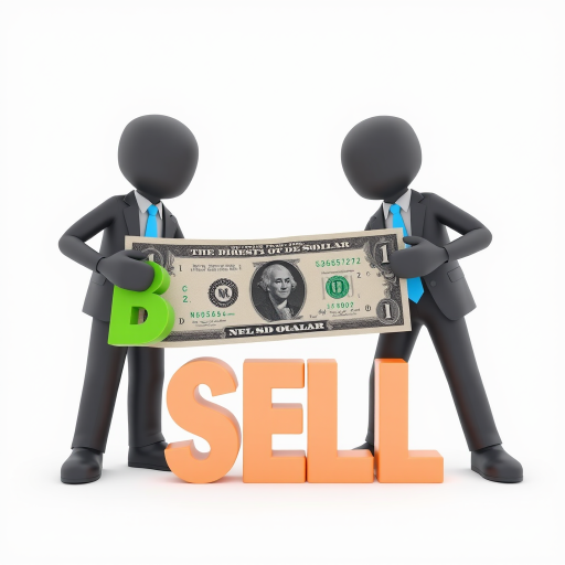 Create a 3D illustration of two stylized figures with the words "BUY" and "SELL" in bold colorful letters, one holding a large dollar bill, use a 50mm lens, f/4 aperture, ISO 100, and a white background for clarity, shot from a slight low angle for depth.
