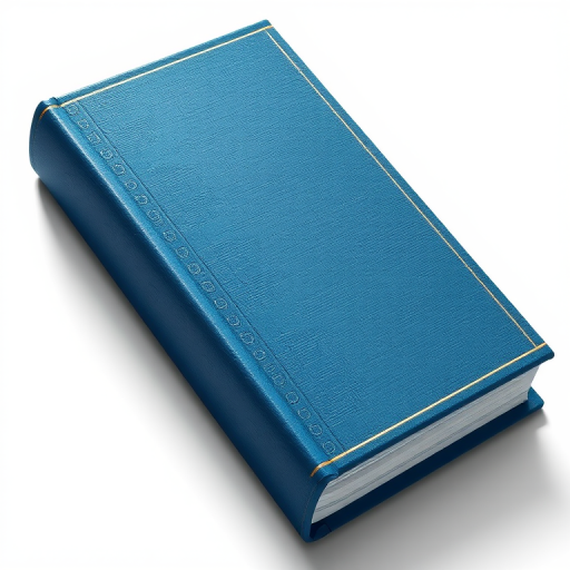 Create an illustration of a closed blue book with a textured cover and visible pages, shot with a Canon EOS R5, 50mm lens, aperture f/2.8, ISO 100, natural light for enhanced clarity and detail.