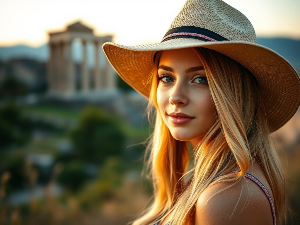 portrait of a young woman with blonde hair wearing a wide-brimmed hat, natural setting with ancient ruins in the background, soft focus, golden hour lighting, DSLR camera, 50mm lens, f/1.8 aperture, ISO 200, 1/100s shutter speed, shallow depth of field