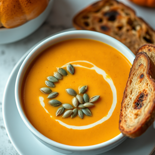 A close-up shot of a creamy pumpkin soup garnished with pumpkin seeds served in a white bowl alongside crispy toasted bread, taken with a DSLR camera at f/2.8 aperture, ISO 200, 50mm lens, natural light, and a slight overhead angle to enhance texture and color.