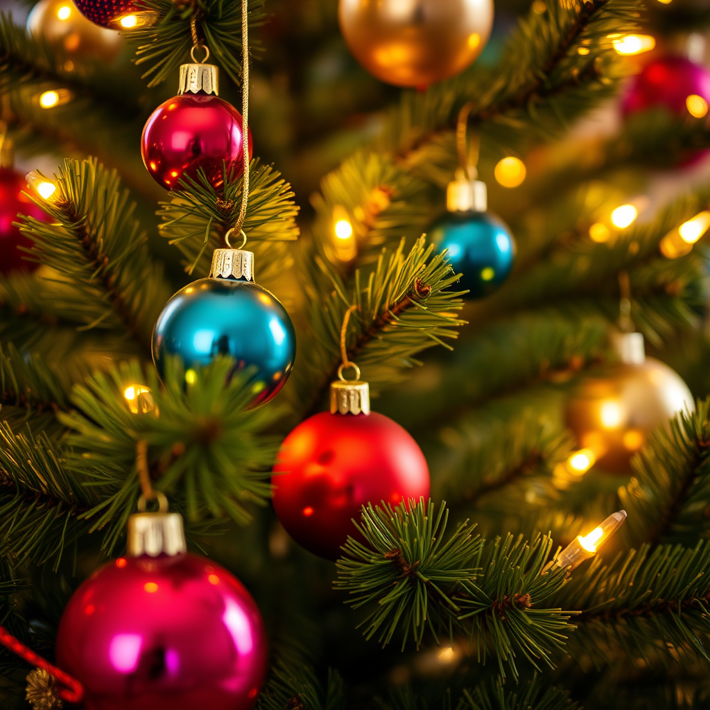 Create a cozy and festive image of a Christmas tree adorned with colorful ornaments and twinkling lights. Focus on the warm glow of the lights reflecting off the ornaments, with a rich green backdrop of pine needles. Capture the essence of holiday cheer and warmth.