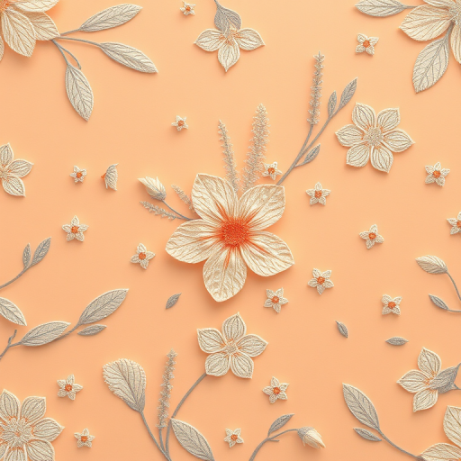 Generate a high-resolution image of a delicate floral pattern on a peach background, using a DSLR camera with a 50mm lens, aperture set to f/2.8, ISO 100, and a soft focus style to enhance texture and detail.
