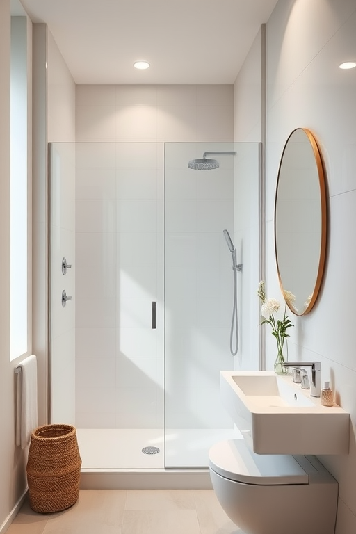 interior bathroom with modern design, featuring a sleek shower enclosure, oval mirror, and minimalist decor, soft natural lighting, 35mm lens, f/4 aperture, ISO 200, shot from eye level with a wide-angle view, using a DSLR camera
