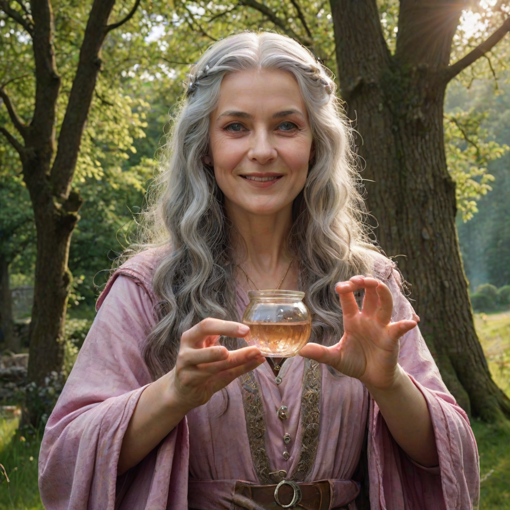 Create a super realistic photo portrait of the sorceress Nimue enthralling the old long haired and bearded magician Merlin with the scent of a magic perfume-potion. Merlin's senses are blurred and he has a happy smile on his face like that of a slightly drunken man. Nimue is standing opposite of Merlin facing him. She is holding out the potion with both hands towards Merlin's nose. A visual depiction of the pink scent soflty creeps into Merlin's nostrils. The picture is set in front of a typical British landscape with grass, a dry stone wall and old and big trees. Cloudy skies with sun-rays braking through giving the picture a soft and romantic tone. HDRI, 8k,V-Ray render