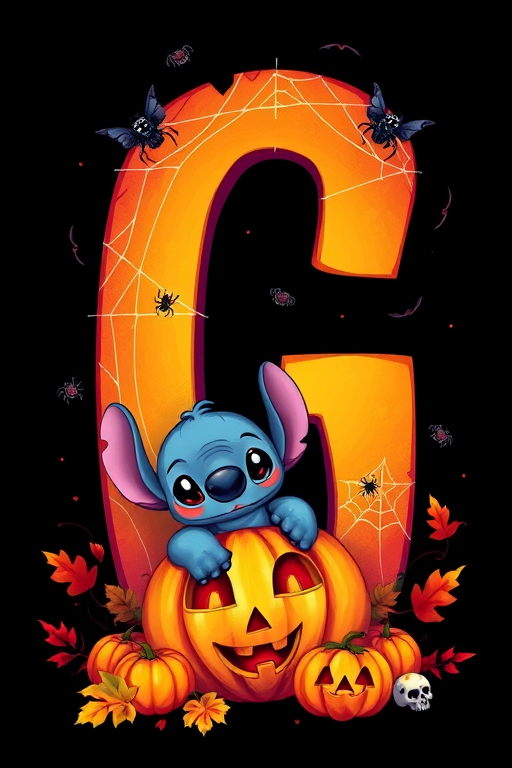 A whimsical and vibrant Halloween-themed digital illustration featuring the letter "G" adorned with spider webs, small bats, and cute spiders. At the base of the letter, a playful alien character similar to Stitch is peeking out from inside a carved pumpkin with glowing eyes, surrounded by additional pumpkins, a small skull, and autumn leaves. The letter is gradient-colored from orange to purple, adding a magical atmosphere to the scene, black background