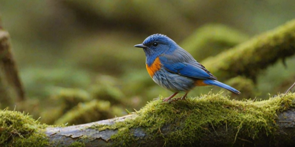 Create a detailed image of a small blue and orange bird perched on a moss-covered log, surrounded by a soft, blurred background of natural scenery.
