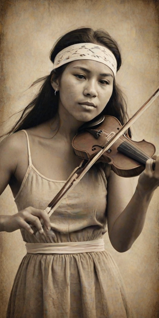a young First Nations woman with a white headband playing a violin, in the style of a charcoal drawing, sepia grunge background