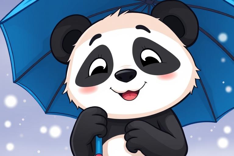 Create a cartoon illustration of a cute panda holding a blue umbrella with a playful expression, use a high-resolution format, set camera settings to f/8, 1/250 sec, ISO 200, shot from a close-up view, using a digital camera with a vibrant color profile.