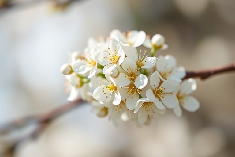 Close-up shot of delicate white flowers on a branch, shallow depth of field, soft natural lighting, macro lens, ISO 100, f/2.8, 1/200s, DSLR camera with a 100mm lens.