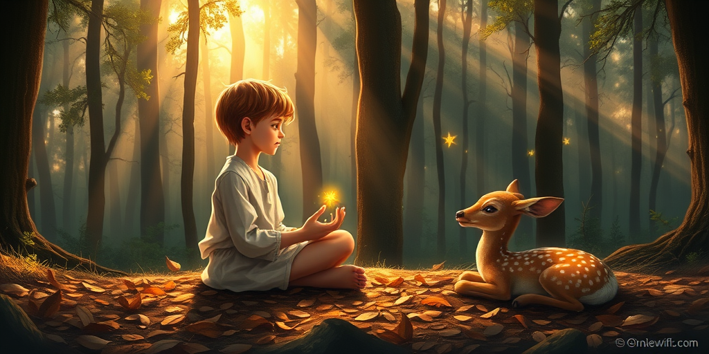 A luminous digital painting of a serene forest scene featuring a barefoot young male, about 7 years old, with red hair and fair skin, dressed in a simple white outfit. He sits cross-legged on the forest floor, gazing at a small, glowing, magical firefly in his hand. Beside him, a delicate spotted deer lies calmly on a bed of dried leaves, observing the scene. The dense forest is bathed in warm, golden light filtering through the trees, creating a peaceful, magical atmosphere with a blend of natural and mystical elements.