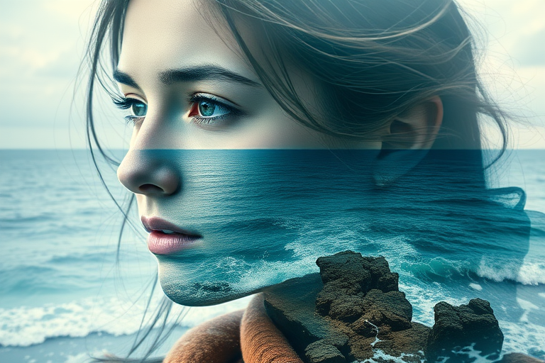 imagine Book cover, A surreal double exposure portrait that blends a woman's face with a beautiful seascape. The overall mood is dreamy and mystical, with rich colors and intricate details
