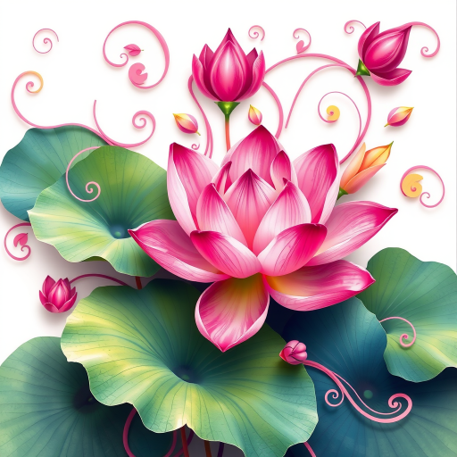 Create a vibrant floral design with swirling leaves and a pink lotus flower, using a high-resolution setting at 300 DPI, a 50mm lens, f/2.8 aperture, ISO 100, shot in natural light with a soft focus to enhance colors and details.