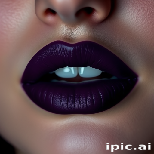 Mysterious "Midnight Velvet" matte lipstick creates an alluring deep purple shade on perfectly lined lips, ideal for dramatic evening looks and mysterious encounters