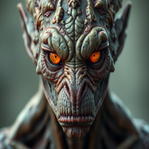 Create a hyper-realistic portrait of a mythical creature with intricate skin texture and glowing orange eyes, using a Canon EOS R5 with a 85mm lens at f/1.2, ISO 100, and a shutter speed of 1/200s, shot in soft diffused natural light from the front to highlight facial details.