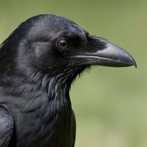 Create a close-up image of a black crow with a blurred green background, highlighting its detailed feathers and sharp beak.
