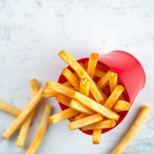 Create a high-resolution vector image of a red container filled with golden crispy French fries, using a digital camera with a 50mm lens, f/1.8 aperture, ISO 100, 1/200s shutter speed, top-down view, and soft diffused lighting to enhance color vibrancy and detail.
