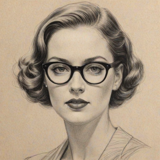 Fetching Clea Lewis, pencil sketch, portrait of Exquisite woman 1932s in glasses, hair style beatnik, outline, clear lines, fine lines, 8k