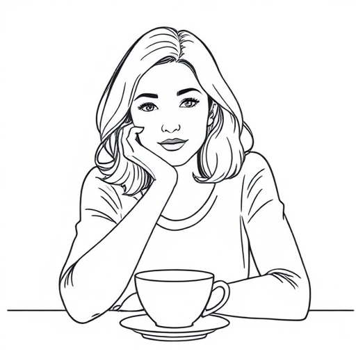 create a minimalist line drawing of a woman with medium-length hair resting her chin on her hand while sitting at a table with a coffee cup in front of her, with a soft color background.