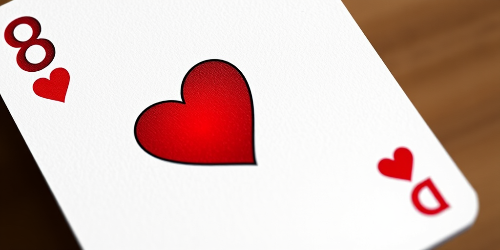 Generate an illustrated playing card featuring the number 8 of hearts, using a DSLR camera with a 50mm lens, aperture set to f/2.8, ISO 100, and a slight top-down angle for enhanced clarity and vibrant colors.