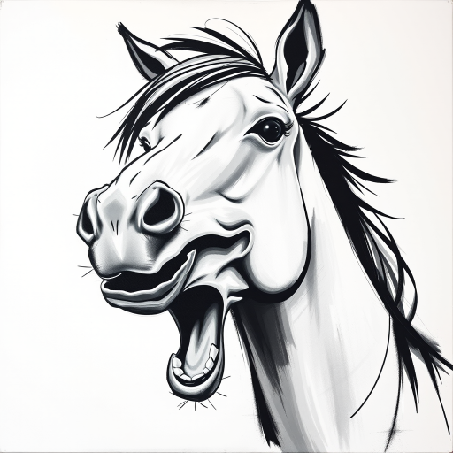 Abstract black and white acrylic portrait of an over exaggerated laughing (horse). Minimalism style. White background.