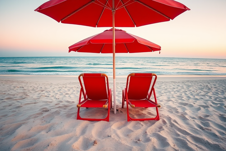 create a vibrant beach scene with two red lounge chairs under a matching umbrella on a sandy shore, wide-angle view, f/8 aperture, ISO 100, shutter speed 1/250 sec, captured with a DSLR camera for enhanced detail and clarity