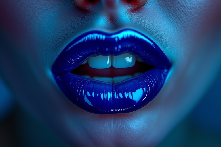 Fascinating depiction of electric blue lips with a neon sheen, showcasing vivid color payoff and attention-grabbing brightness