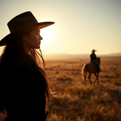 "Create a Double exposure", a silhouette "profile portrait of a young cowgirl" with long hair "superimposed" against a long shot of a cowgirl riding a horse across the plains, fantastic view, 32k, cinematic, hyper-realistic.