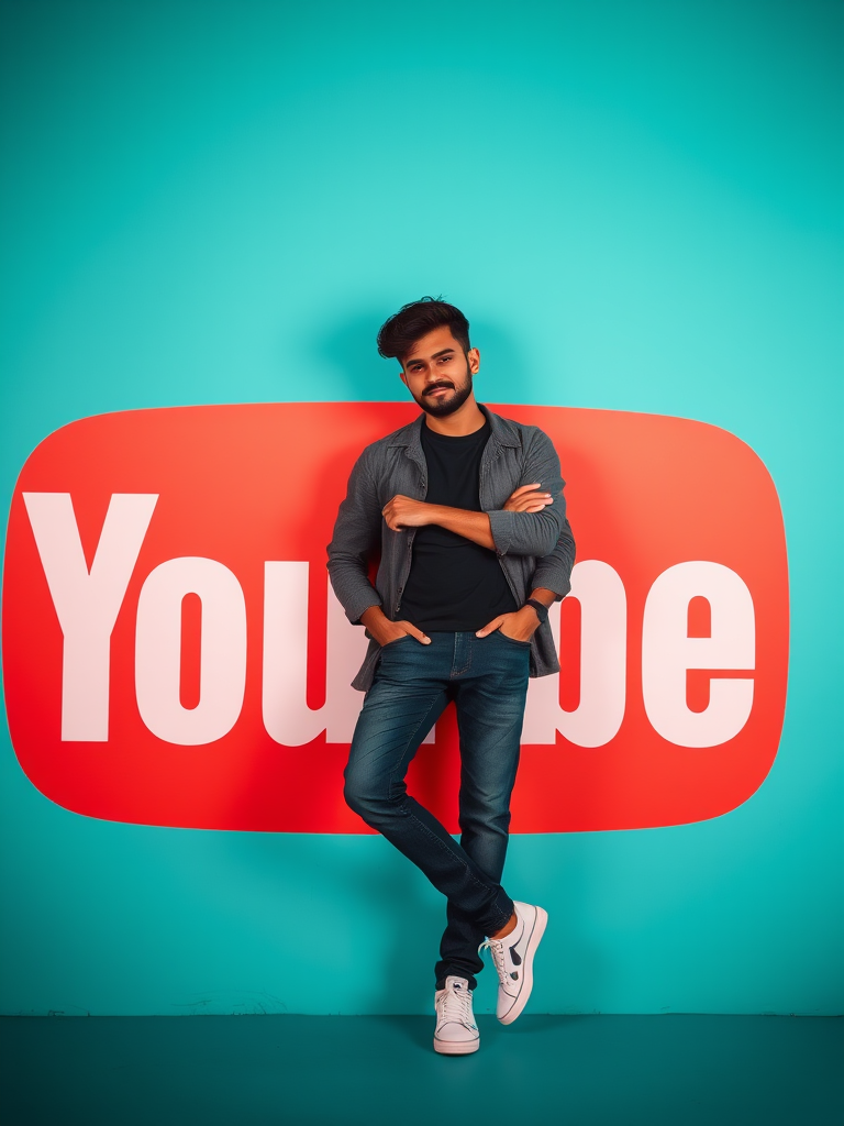 Create an image of a stylized person leaning casually against a large YouTube logo on a vibrant teal background with a shallow depth of field, using a DSLR camera at f/2.8, ISO 100, 50mm lens, and soft lighting for enhanced clarity and vibrant colors.