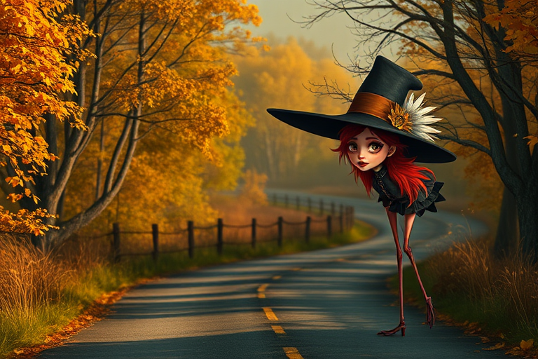 digital art fantasy depicting a strange girl with red hair, long eyelashes, brown lipstick and a tall hat walking along a winding road on an autumn afternoon, an Stork smiles as she passes
