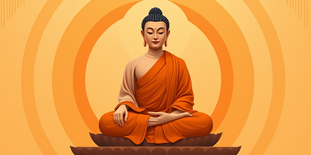 create an illustration of a seated Buddha figure, adorned in a flowing orange robe, with a calm expression, surrounded by concentric circles of orange and beige tones radiating outward, use a Canon EOS R5 with a 50mm f/1.2 lens, aperture set at f/2.8, ISO 100, capturing a soft focus background to enhance the subject's prominence