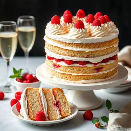 Create an image of a multi-layered white cake with raspberry filling and frosting on top decorated with fresh raspberries the cake should be displayed on a white cake stand with a slice of the cake on a plate beside it a glass of sparkling drink should be in the background alongside a small bowl of raspberries