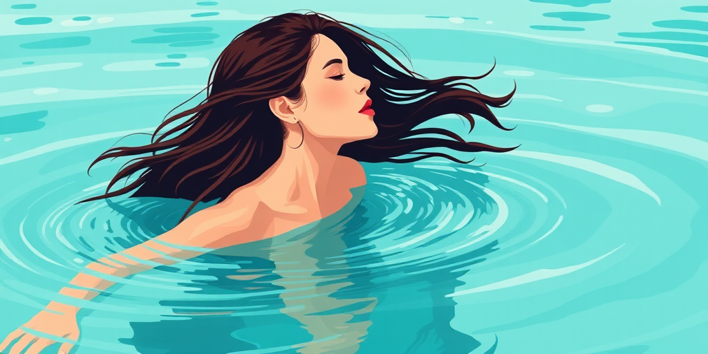 Create an illustration of a woman swimming gracefully in calm turquoise water, with her hair flowing behind her, emphasizing her side profile, shot with a Canon EOS R5 at f/8, ISO 100, 50mm lens, in a vibrant vector art style.