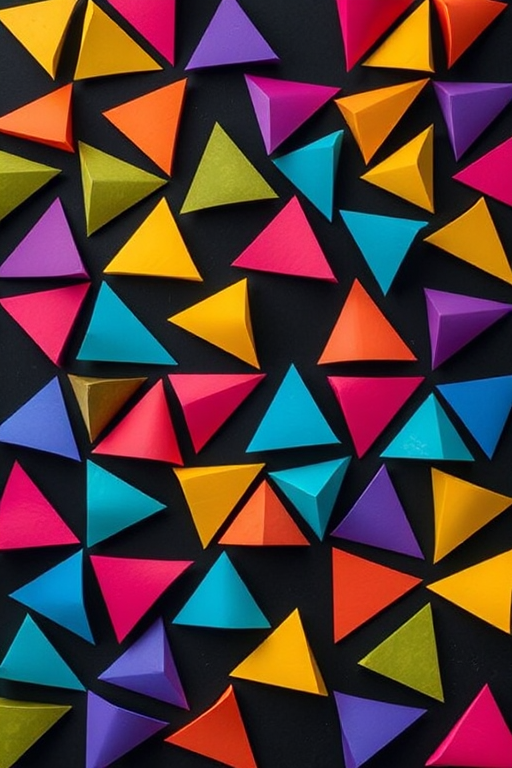 Create a vibrant pattern of colorful triangular shapes arranged in a grid on a black background, capturing with a high-resolution digital camera, 50mm lens, f/8 aperture, ISO 200, soft ambient lighting, focused from above to emphasize depth and color contrast.