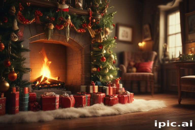 Cozy Christmas Scene with a Warm Fireplace and Festive Decorations