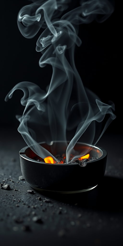 generate an artistic image of swirling smoke forming human shapes emerging from a round ashtray with glowing embers in a dark background, use a Canon EOS R5 camera, 50mm lens, aperture f/1.8, shutter speed 1/200s, ISO 100, soft focus with high contrast lighting for dramatic effect