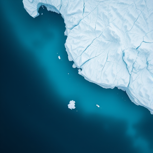 Aerial photograph of a glacial ice edge with vibrant blue water beneath, captured using a DSLR camera at f/8, 1/500s, ISO 200, with a wide-angle lens from a height of 100 meters during midday for enhanced clarity and detail.
