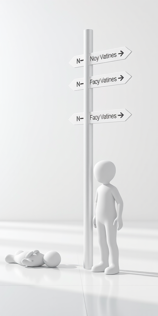 Create an image of two simplistic white 3D figures standing next to a tall signpost with multiple directional arrows, in a bright and minimalistic environment, captured with a DSLR camera at f/8 aperture, ISO 100, 50mm lens, with a soft focus background for enhanced depth.