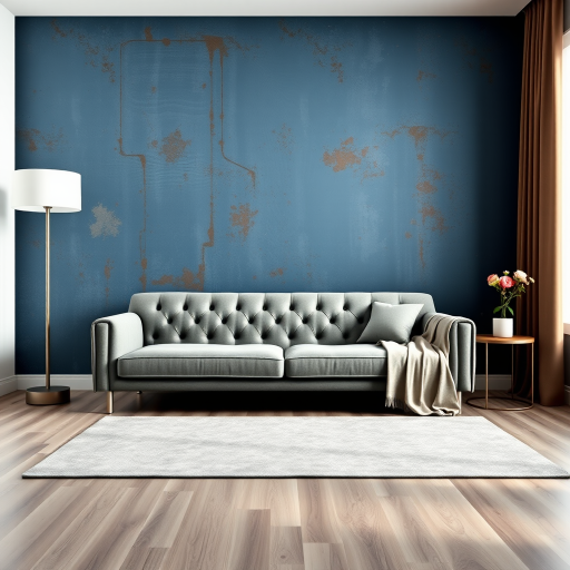 interior of a contemporary living room featuring a gray tufted sofa against a distressed blue wall with rust accents, a modern floor lamp and a side table with a floral arrangement, soft natural light from a large window, shot with a DSLR camera at f/4, ISO 200, 24mm lens, 1/60 sec shutter speed, wide-angle view for depth.