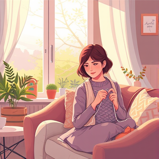 Create an illustration of a woman knitting in a cozy living room with a window showing a sunny day outside, focus on soft colors, use a Canon EOS R5, 50mm lens, aperture f/1.8, shutter speed 1/125s, ISO 100, with a soft focus on the background and a warm glow effect.