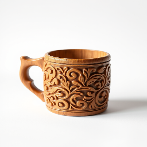 Create an image of an intricately carved wooden mug on a white background, using a DSLR camera with a 50mm lens, aperture set to f/2.8, shutter speed 1/125s, ISO 100, shot from a 45-degree angle to emphasize texture and natural light for enhanced detail.