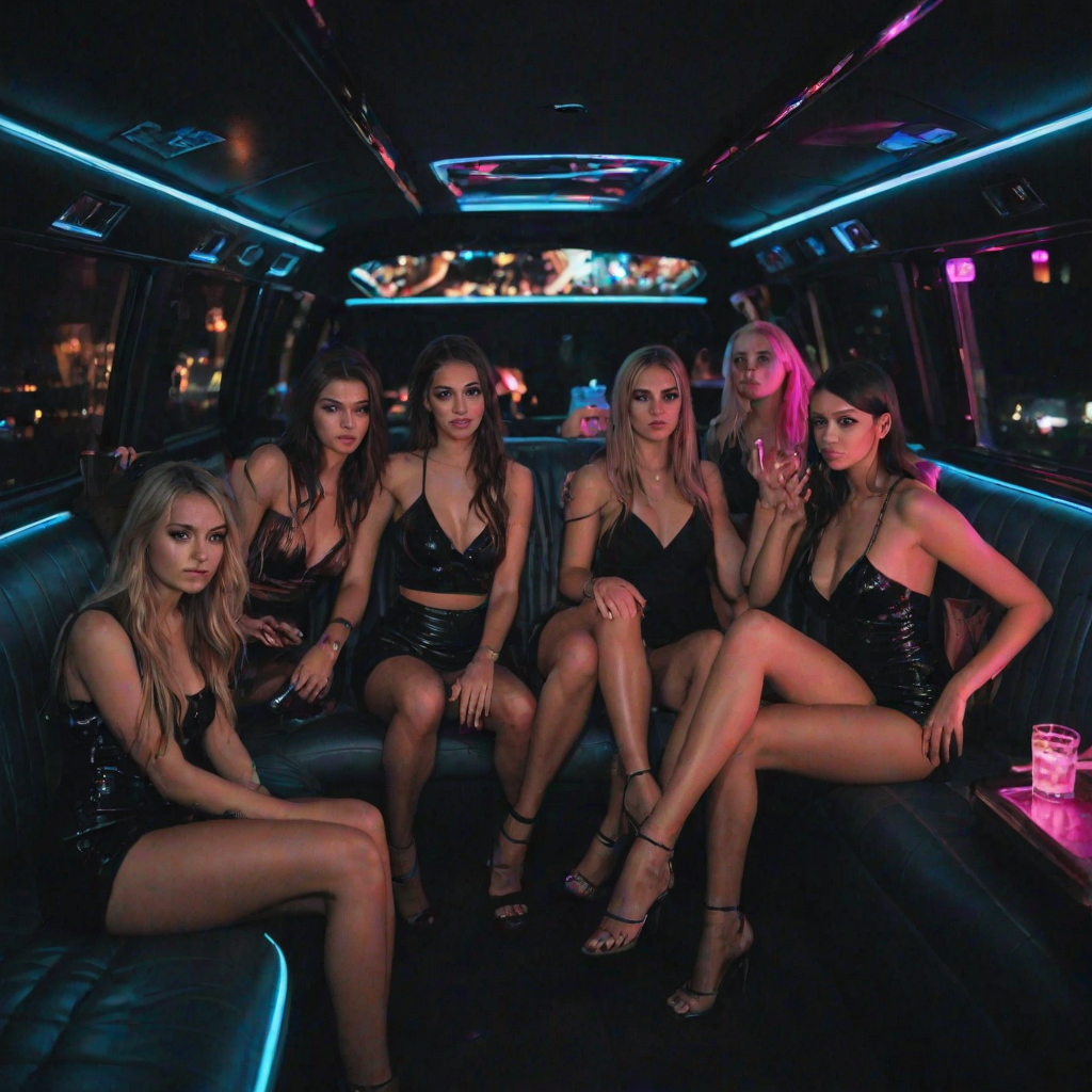 multiple girls,looking at viewer, couch, vehicle interior, night, neon lights, limousine, alcohol, bar