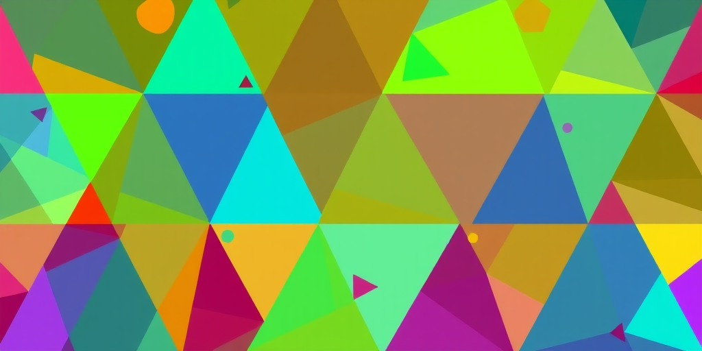 Create a vibrant abstract geometric composition featuring colorful triangles in various sizes and opacities, captured with a Canon EOS R5 at f/8, ISO 100, 1/125s in a wide-angle view for depth, using a high dynamic range style to enhance color vibrancy and detail.