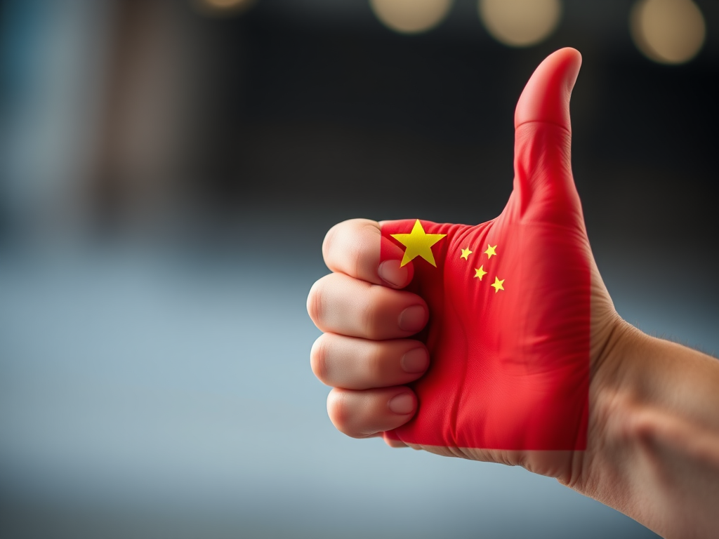 Create an image of a hand making a thumbs-up gesture with the Chinese flag prominently displayed on the hand, shot with a Canon EOS 5D Mark IV, 50mm lens, f/1.8 aperture, ISO 200, in a close-up view with soft focus.