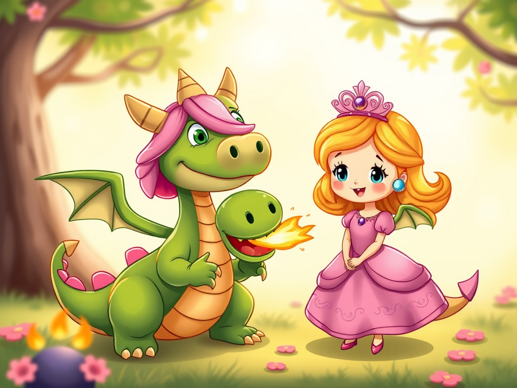 Create a whimsical cartoon scene featuring a cute princess in a pink dress with a crown and a friendly green dragon breathing fire, using a vibrant color palette, shot with a DSLR camera at f/2.8 aperture, ISO 100, 35mm focal length, with a bright, soft focus background to enhance the characters.