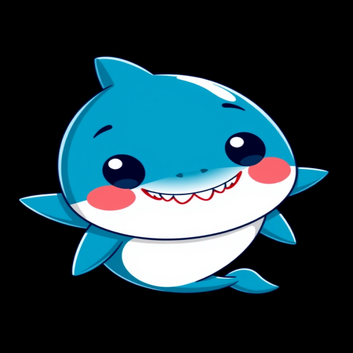 create a cartoon-style image of a cute blue shark with a round body and a playful expression, set against a solid black background, using a digital illustration technique, with high-resolution settings of 300 DPI, in a vector format, capturing bright colors and smooth lines.