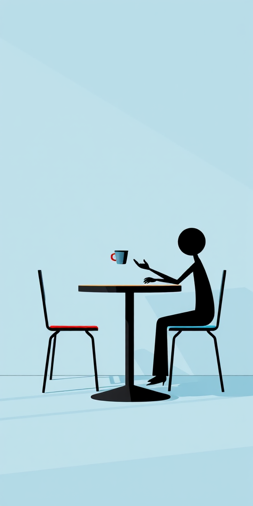 Create a minimalist illustration of two stylized figures at a table, one holding a cup and the other gesturing, set against a light blue background, in high resolution, using a Canon EOS R5 camera, 50mm lens, f/1.8 aperture, 1/125s shutter speed, and natural lighting.