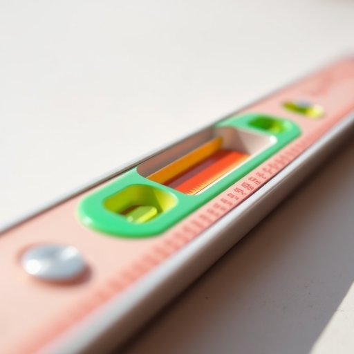 Create a high-resolution illustration of a spirit level with vibrant orange and green details, using a macro lens at f/2.8 for a shallow depth of field, captured in natural light to enhance clarity and color contrast.