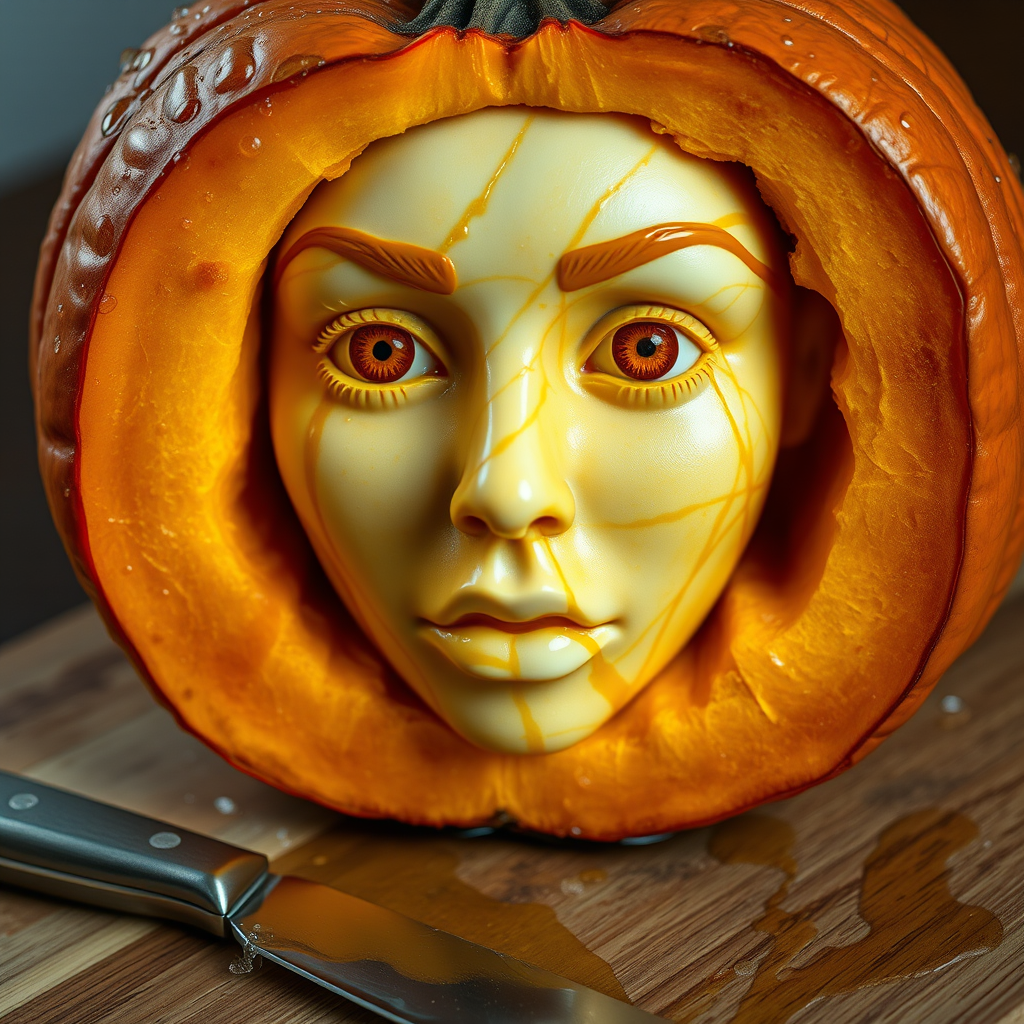A hyperdetailed photorealistic macro color saturated high resolution image of a pumpkin cut in half, with the pumpkin pit being a highly detailed sculpted woman's face with her eyes open and pumpkin-colored irises. The face has a marble texture. The image includes condensation, moisture, and pumpkin juice. The pumpkin is on a wooden cutting board with a small fruit knife nearby, also covered with juice.